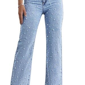 Light Blue Pearl-Embellished Straight Leg Jeans